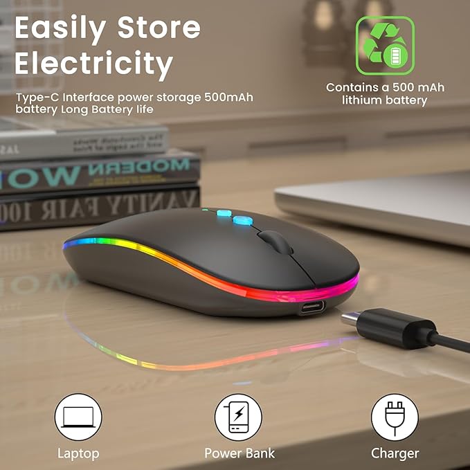 Halpilt LED Wireless Mouse A100S Rechargeable Portable Silent Mouse with Optional USB and Type-C Receiver 3-Speed Adjustable DPI for PC/Mac/Laptop (Frosted Black)