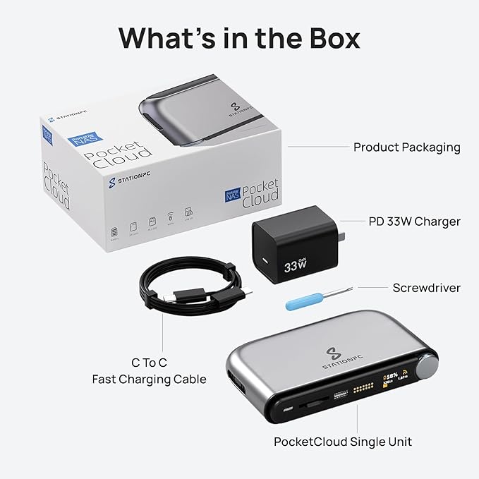 PocketCloud Portable NAS, M.2 NVMe & SD Card Slots, Up to 8TB Capacity (Diskless), One-Click Backup, Wi-Fi 6 Support, LCD Display & App Control, Dual 3200mAh Batteries for Outdoor Backup