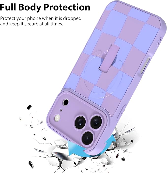 KANGHAR Compatible with iPhone 17 Pro Case, Support for MagSafe, Silicone Checkered Cute Pattern, Wristband Kickstand Camera Protection Soft Slim Cover for Girls Women -Purple