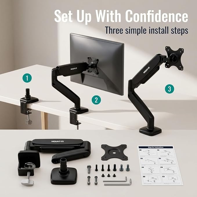 Mount-It! Single Monitor Arm Desk Mount, Gas Spring Monitor Mount, Fits 13–32" Screens up to 17.6 lbs, VESA 75x75 & 100x100, Full Motion Tilt Swivel Rotate, C-Clamp & Grommet Base