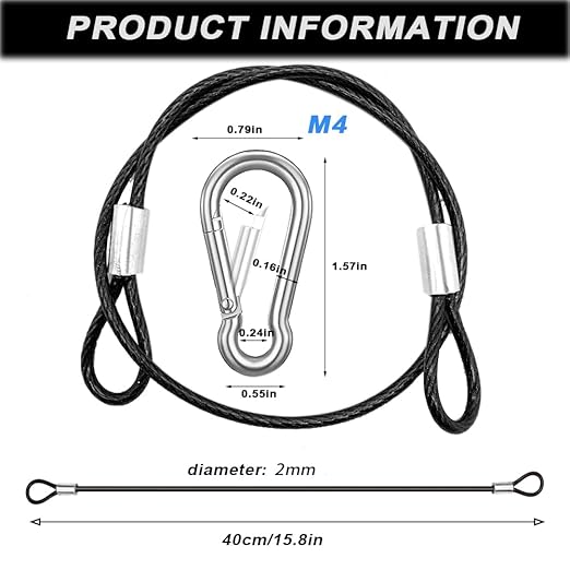 10 Pack 16 Inch(40cm) Stainless Steel Tethers with 4 Pcs Spring Snap Hook Clips, Steel Wire Cable with Loops Vinyl Cover Coated Short Rope Lanyard Lock Tether Chains, Black