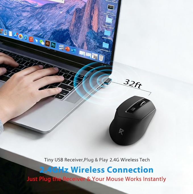 Redragon Wireless Mouse, 2.4GHz Ergonomic Optical Mouse with USB Receiver, 18 Months Battery Life, 5-Level 4000 DPI, 6 Button Computer Mouse for Laptop, Windows, Mac, PC, Chromebook