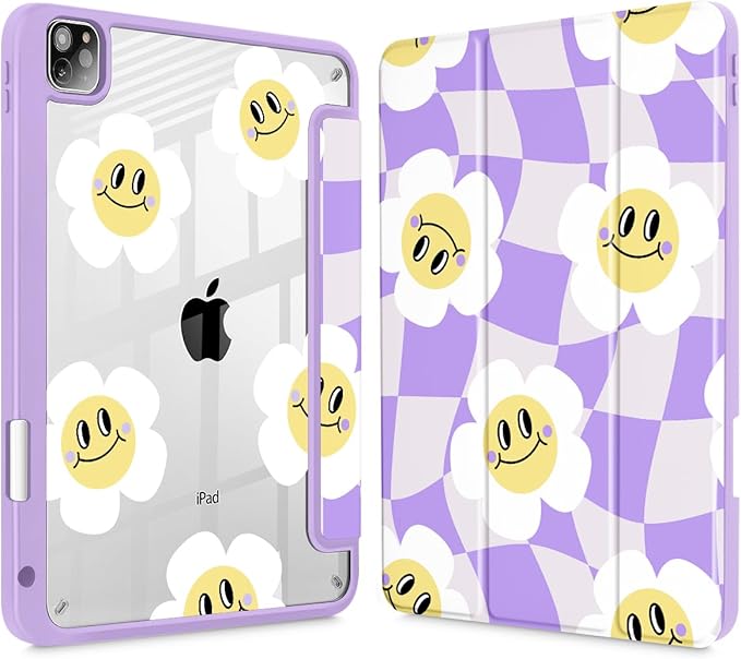 Tuiklol for iPad Pro 12.9 Inch 6th/5th/4th/3rd Generation 2022 2021 2020 2018 Case,Built-in Pencil Holder Clear Transparent Protective Back Shell Cover with Auto Sleep/Wake, Checkered Smile Flowers