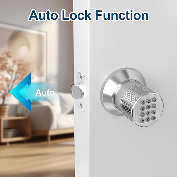 FITNATE Keypad Door Knob, Keyless Smart Lock with Back-Lit Keypad, Electronic Door Lock with Spare Keys, Easy to Install, for Home, Bedroom, Hotel and Office, Silver