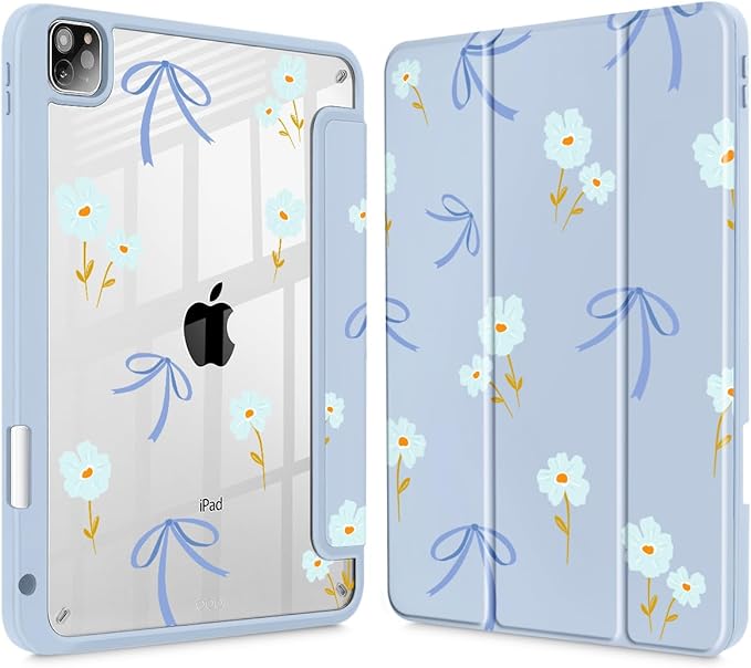 Mektron Case for iPad Pro 11 inch Case M2 2022 Generation 4th, Fit 2021 2020 2018 iPad Pro 11" (3rd, 2nd & 1st Gen) -Buit in Pencil Holder with Shockproof Cover Clear Shell, Blue Bows & Flowers