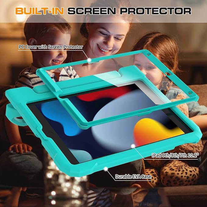 Kids Case for iPad 9th/8th/7th Generation 10.2 Inch 2021/2020/2019, Case for iPad Air 3rd Gen/Pro 10.5 Inch, Durable Shockproof Cover with Screen Protector for iPad 10.2 & 10.5, Cyan