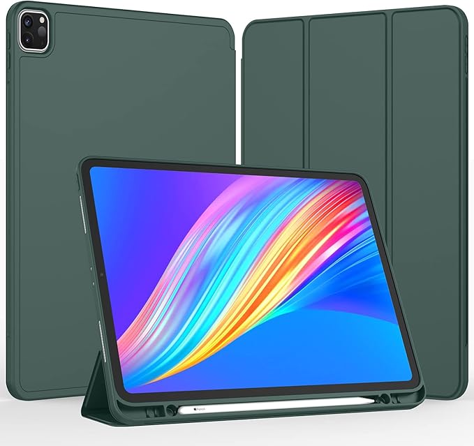 iMieet New iPad Pro 12.9 Case 2022(6th Gen)/2021(5th Gen) with Pencil Holder [Support iPad 2nd Pencil Charging/Pair],Trifold Stand Smart Case with Soft TPU Back,Auto Wake/Sleep(New Midnight Green)