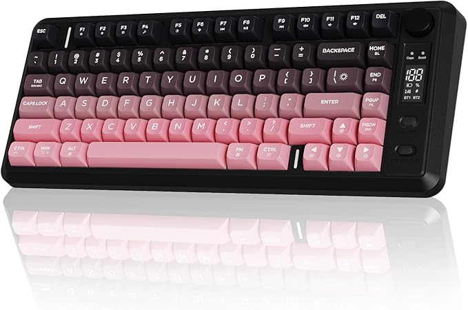 FREEWOLF M75 Wireless Gaming Keyboard Mechanical Feel Membrane with Knob & OLED Display Bluetooth/2.4Ghz Rainbow Backlit Gradient PBT Keycaps 2000mAH Battery Anti-Ghosting-Pink
