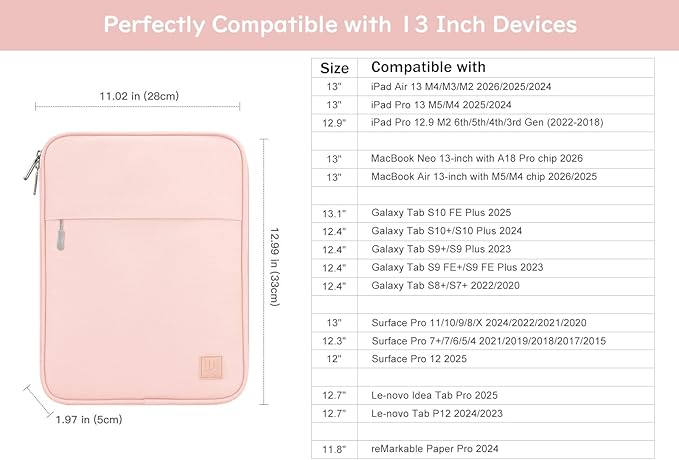 Dadanism 13 Inch Tablet Sleeve Padded Carrying Case for New iPad Air 13" M4/M3 2026/2025, iPad Pro 13" M5/M4 2025/2024, Galaxy Tab S10+/S9 FE+/S9+ 12.4", Remarkable Paper Pro 11.8", Pink