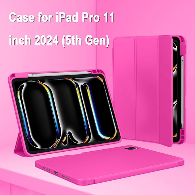 ZryXal iPad Pro 11 Inch Case (M5) 2025/ (M4) 2024 (Model: A2836/A2837/A3006), Trifold Stand Smart Cover with Pencil Holder and Soft TPU Back, Auto Wake/Sleep (Rose Red)