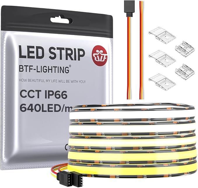 BTF-LIGHTING IP66 FCOB CCT COB LED Strip Tunable 2700K-6500K DC12V 16.4FT 640LED/m CRI 90+ Flexible High Density Dimmable LED Light Black PCB for Home Indoor Decor(No Adapter or Controller)