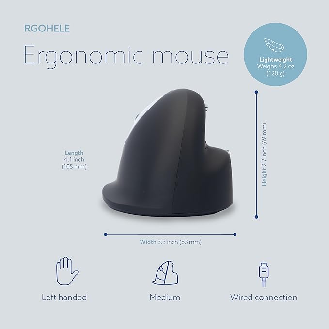 R-Go HE Vertical Ergonomic Mouse, for Left Handed, with Break Software, USB-C/A Wired, Prevents Tennis Elbow/Mouse Arm RSI, Silent Click, 5 Buttons - Compatible Windows/Mac OS, Black/Silver