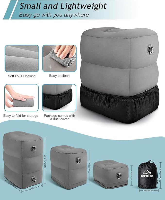 Inflatable Foot Rest Pillow, Kids Airplane Bed, Adjustable 3 Layers Height Leg Rest Pillow, Airplane Travel Essentials Great for Office, Home, Trains, Cars