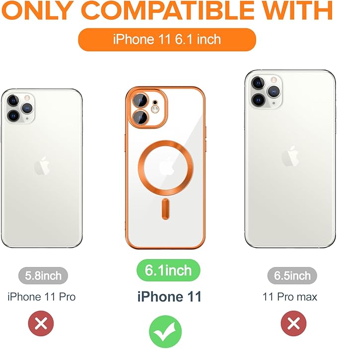 Hython Magnetic Clear for iPhone 11 Case with Camera Lens Protector [Compatible with MagSafe] Luxury Plating Edge Slim Soft TPU Cover Protective Phone Case for iPhone 11 6.1", Matte Orange
