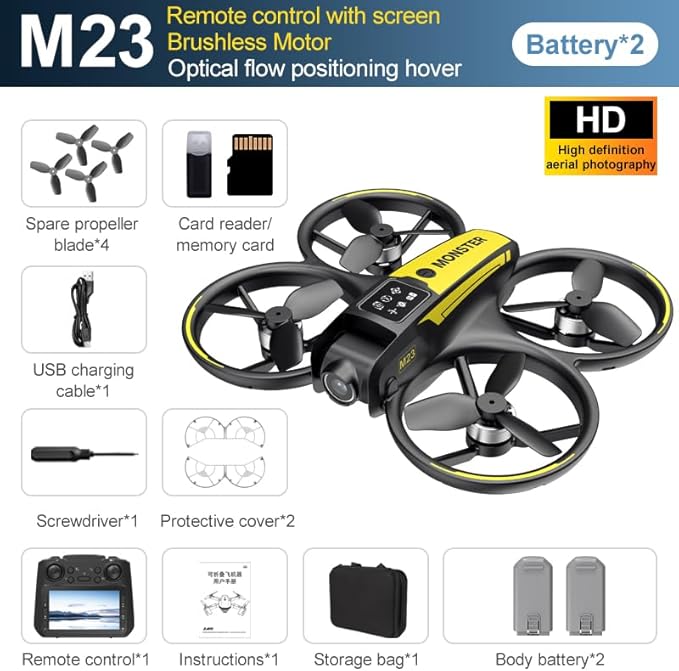 Drone with HD Camera 4.5inch Screen Controller, Under 250g Mini RC Quadcopter Headless Mode One-Key Takeoff/Landing Optical Flow Positioning M23 Drones with 2 Batteries for Adult Beginners (Black)