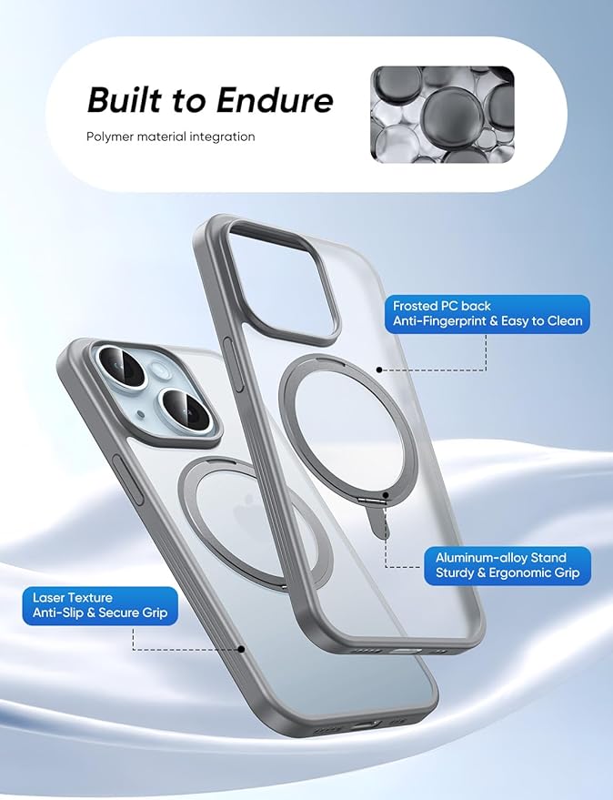 MAGIC JOHN 360° Rotatable Magnetic Invisible Stand for iPhone 15 Case [Anti-Slip Grip] [Compatible with MagSafe] 16FT Shockproof for iPhone 15 Case with Kickstand, Black