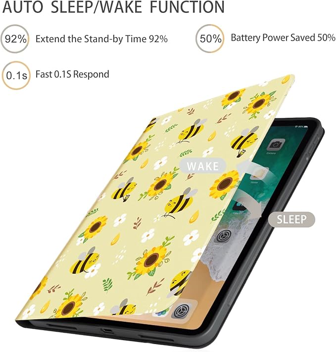 iPad Air 11 Inch Case M3/M2 (2025/2024), Case for iPad Air 5th/4th Generation 2022/2020 Women Girls Multi-Angle Adjustable Stand Soft PU Leather Shockproof Back Cover Auto Wake/Sleep, Flower Bee