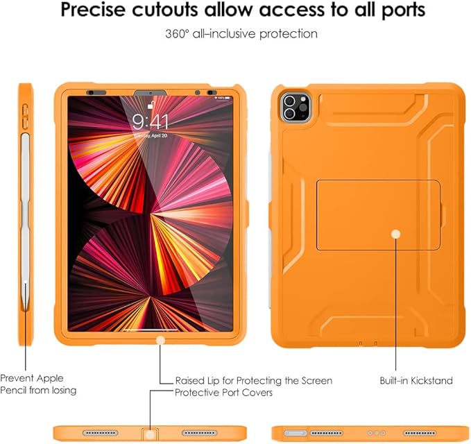 DTTO for iPad Pro 11 inch Case 2022(4th Gen)/2021(3rd Gen), [Screen Protector] Dual Layer Full Body Protection Cover with Pencil Holder, Also Fit iPad Pro 11'' 2020&2018/iPad Air 5/Air 4 - Orange
