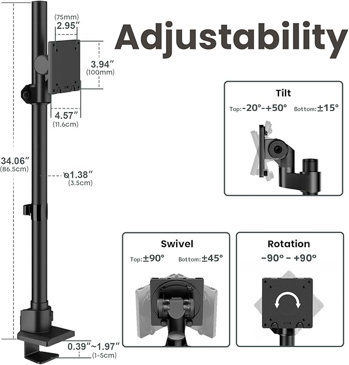 Monitor-Arm Ultrawide Heavy Duty 24-57'' - Extra Tall Aluminum Single Monitor Mount Holds up to 59.4lbs, Adjustable Desk Mount Stand, VESA 75/100 mm, Black
