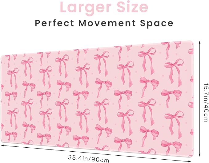 Pink Desk Mat Bows, Large Bow Mouse Pad for Computer Laptop PC Non-Slip Rubber Base Gaming Keyboard Pad, Cute Office Mat Girly Décor Office Supplies Accessories for Teen Girls Women 35.4 x 15.7in