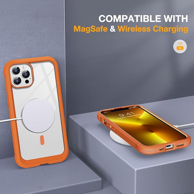 Miracase for iPhone 13 Pro Case 6.1",Full-Body Protection,Clear Bumper Case with Built-in 9H Tempered Glass Screen Protector,Military-Grade Drop Protection Outdoor Phone Case for iPhone 13 Pro,Orange
