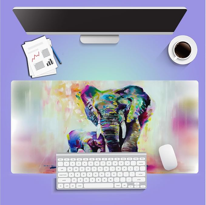 Large Gaming Mouse Pad (31.5" x 15.8") - Abstract Vintage Colorful Indian Elephant Oil Painting Watercolor Artwork, Extra XXL Office Accessories, Premium Stitched Anti-Slip Office Desk Mat
