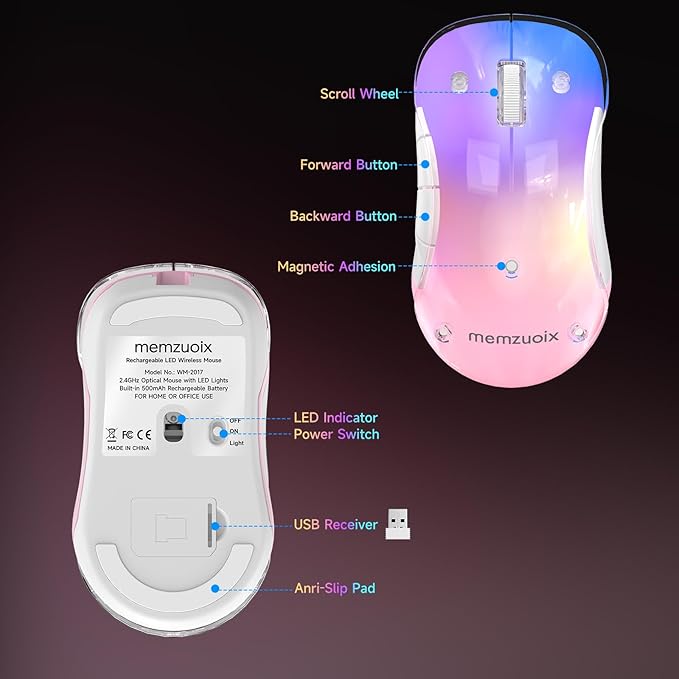 memzuoix 2.4G LED Wireless Mouse, Rechargeable Ergonomic Mouse with Detachable Cover, 1400 DPI Portable Optical Computer Mouse with USB Receiver for Laptop, PC, Desktop and MacBook, 5 Buttons-Pink