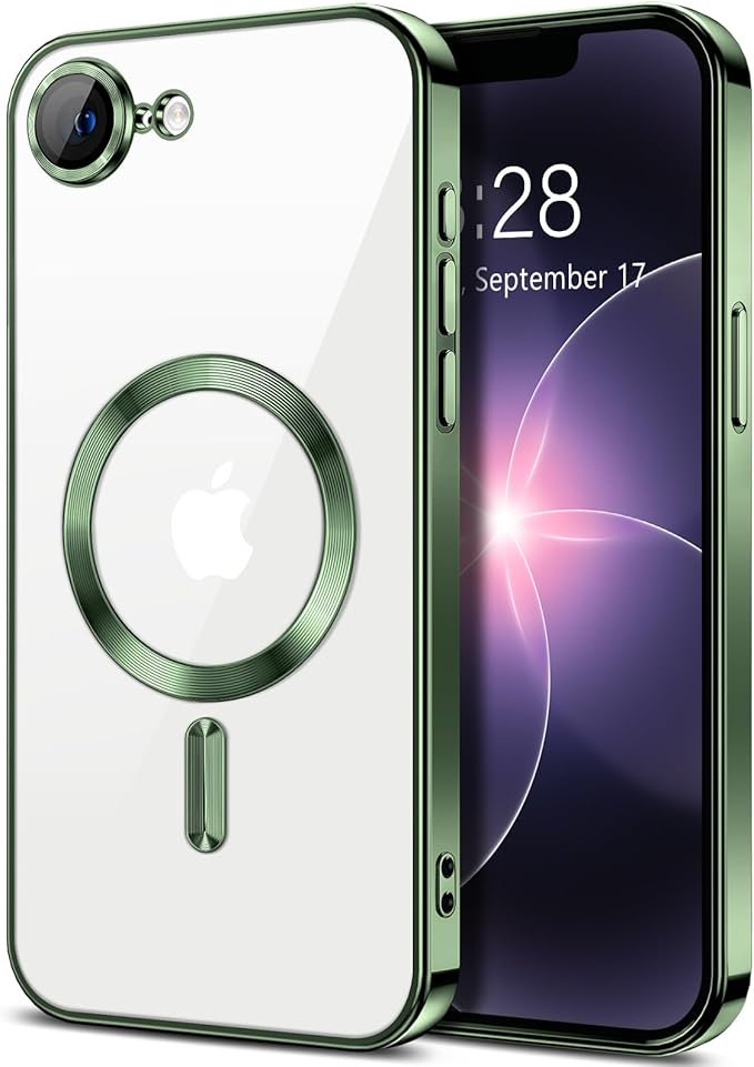 Hython Magnetic Clear for iPhone 17e Case with Camera Lens Protector [Compatible with MagSafe] Luxury Plating Edge Slim Soft TPU Cover Protective Phone Case for iPhone 17e 6.1", Deep Green