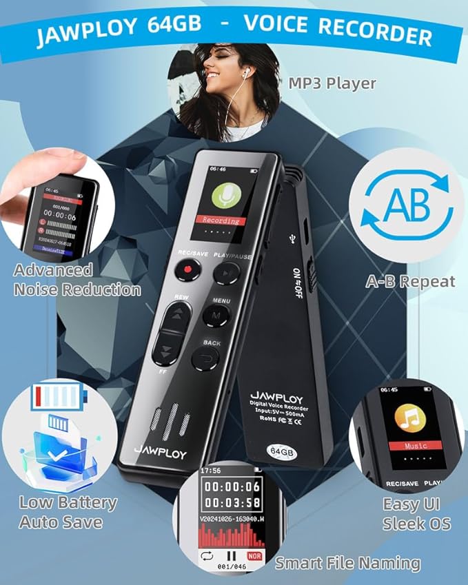 64GB Digital Voice Recorder with Playback - 4400 Hours Voice Activated Recorder with Sound Clarity Enhancement, Portable Recorder Recording Device for Lectures Meetings, USB, Password, MP3