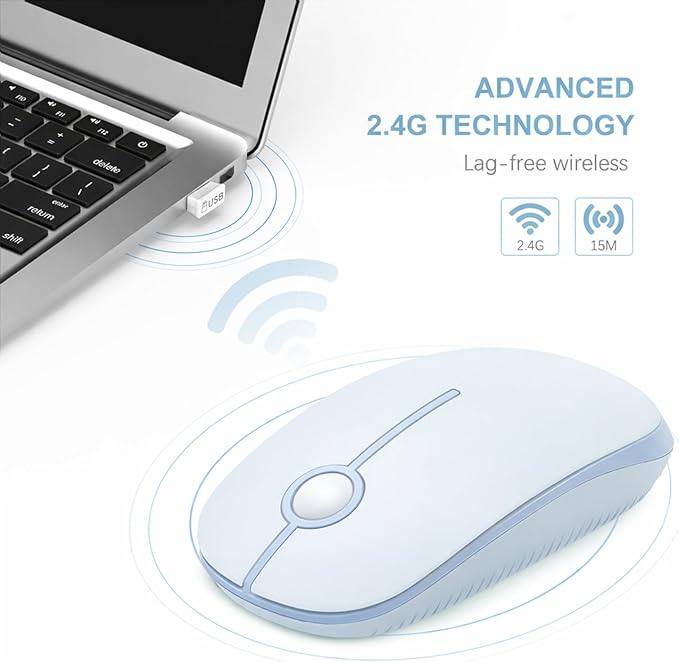 VssoPlor Wireless Mouse, 2.4G Slim Portable Computer Laptop Mouse with Nano Receiver Quiet Silent Optical Mice for Notebook, PC, Laptop, Computer-Light Blue