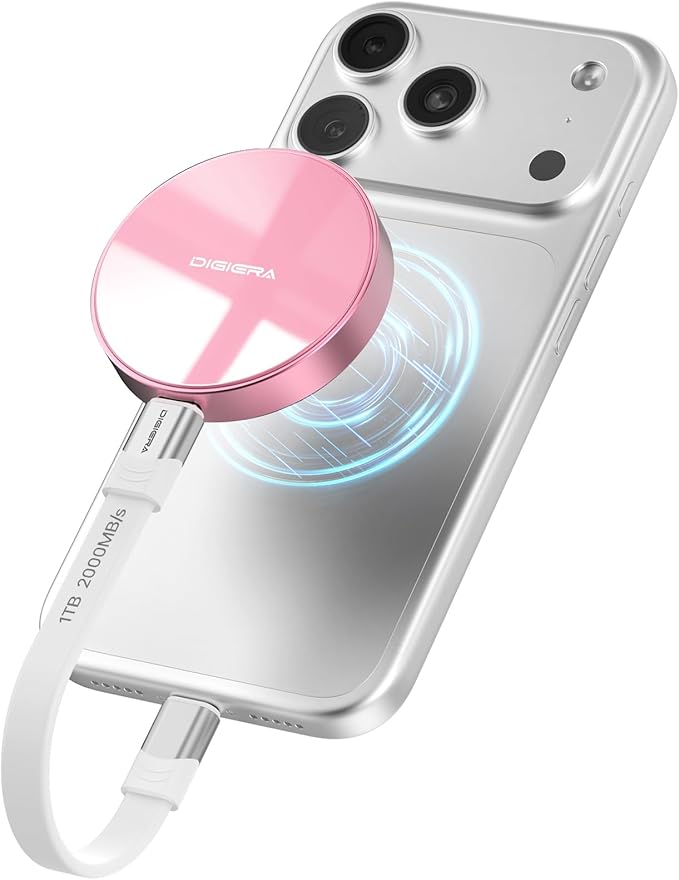 DIGIERA 1TB Magnetic Portable SSD, External Solid State Drives with USB-C 3.2 Gen 2x2, Speed Up to 2000MB/s, Compact & Durable, Compatible with iPhone 15/16 Series and Other USB-C Devices, Pink