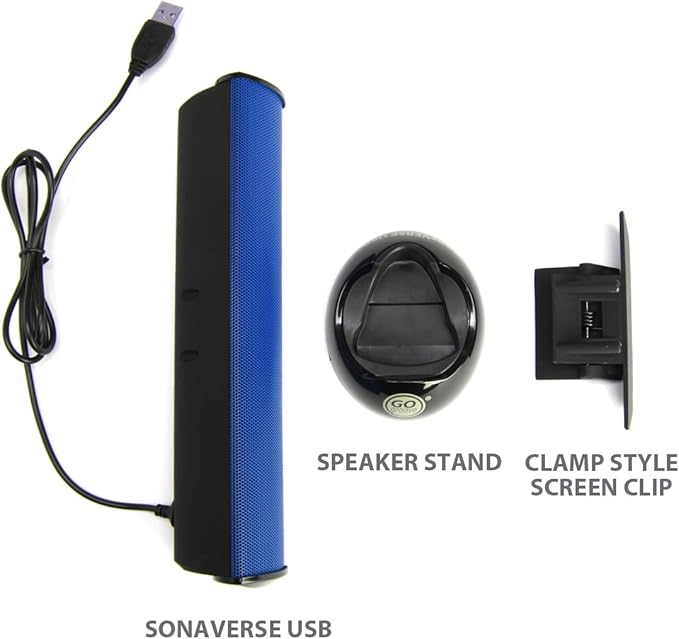 GOgroove SonaVERSE USB Speakers for Laptop Computer - USB Powered Mini Sound Bar with Clip-On Portable External Speaker Design for Monitor, One Cable for Digital Audio Input and Power (Blue)