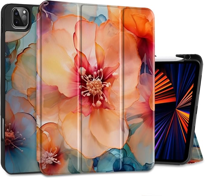 MEEgoodo Case for iPad Pro 12.9 Case M2 6th/5th/4th/3rd Generation 2022 2021 2020 2018, Protective Tablet Cover with Soft Back Shell for Kids, Ink Colorful Flowers