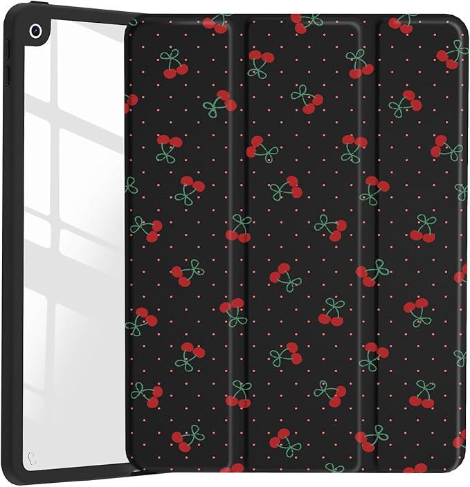 JOYLAND Cute Cherry Polka Dot Case for iPad Pro 13-inch (M4) 2024, Clear Acrylic Hard Back Black Case with Pencil Holder Trifold Stand Tablet Cover (Model Number:A2925/A2926/A3007)