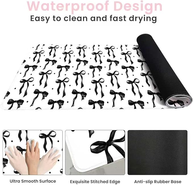 White Mouse Pad with Black Bows, Cute Desk Mat Bow Keyboard Mat for Computer Laptop Non-Slip Rubber Base, Large Office Mat Girly Desktop Décor Accessories Office Supplies for Girls Women 35.4 x 15.7in