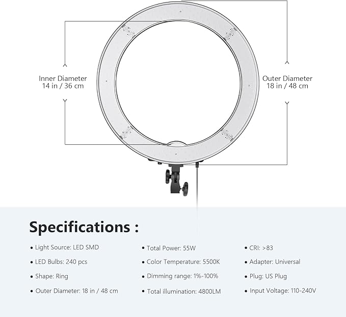 Neewer 18-Inch Ring Light, 55W Dimmable 5500K Light with 240 LEDs Color Filter, Soft Tube and Carrying Bag for YouTube, TikTok, Selfies and Photography, Compatible with Camera and Smartphones