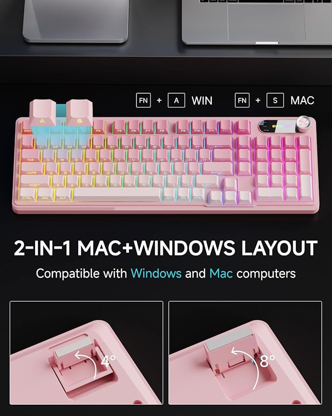 EWEADN V102 Wired Keyboard, 98 Keys Creamy Gaming Keyboard with Number Pad, Display Screen & Media Knob RGB Silent Wired Cute Computer Keyboard for Laptop PC Gamer - Gradient Pink