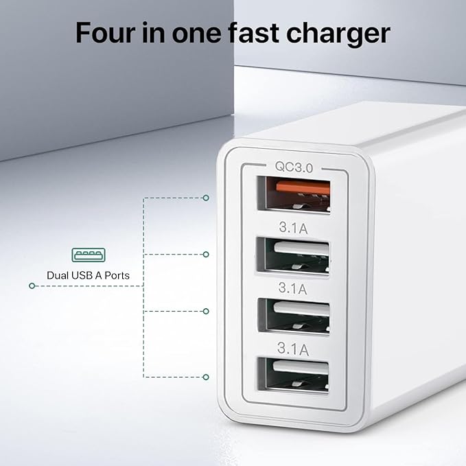 USB Charger, 4 Port USBA Wall Charging Block, Fast Charge QC 3.0 Plug Adapter Compatible with iPhone 12/13/14/15/XS/XS Max/XR/X, LG, Google Pixel and More