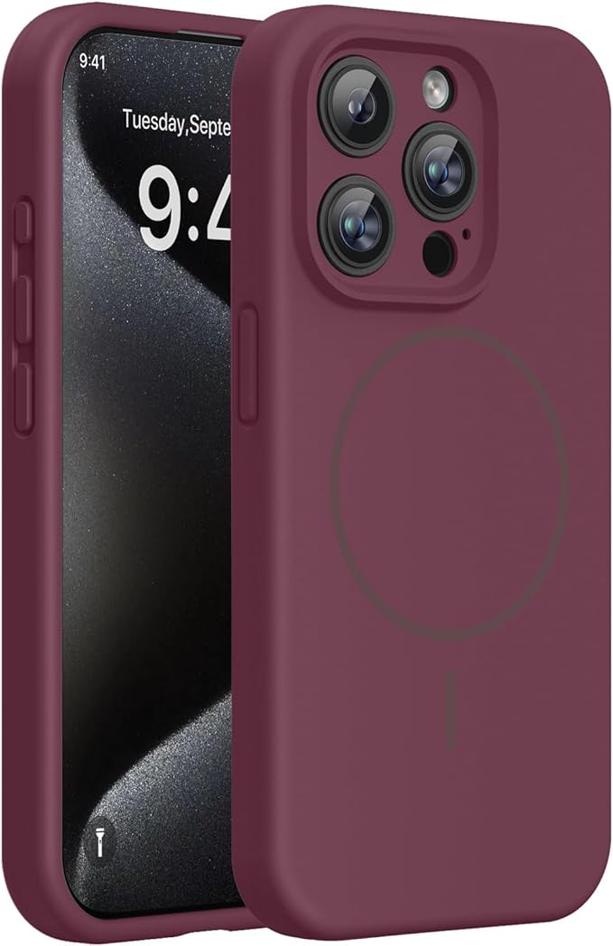 Miracase Magnetic for iPhone 15 Pro Case, [Soft Anti-Scratch Microfiber Lining], Magnetic for MagSafe, Liquid Silicone Shockproof Drop Protection Phone Case for 15 Pro, Wine Red