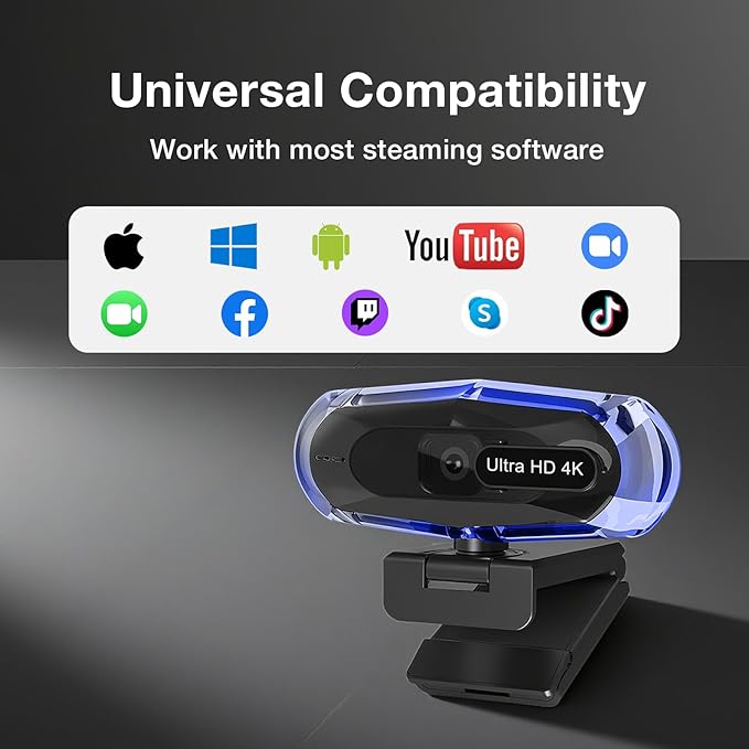 4K Webcam for PC, 4K Webcam with Remote Control and RGB Light, Autofocus Streaming Camera for PC/Mac, Plug and Play Computer Camera for Zoom/Skype/YouTube/Meeting