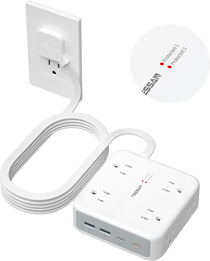 TESSAN 10 Ft Surge Protector Power Strip, 4 USB(2 USB C) 8 Outlets, Flat Plug Extension Cord with Multiple Outlets, 2100J Protection, 20W Desk Charging Station for Home, Office, Dorm Room Essentials