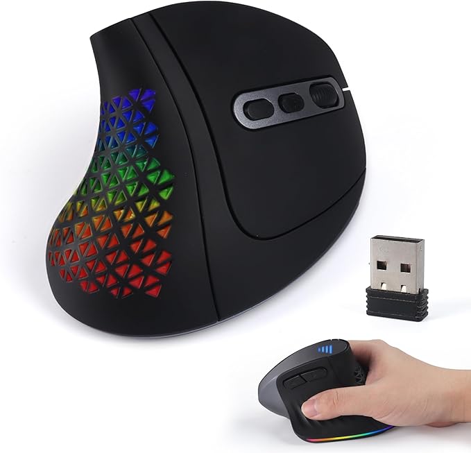 Wireless Mouse Ergonomic Right Handed Vertical Mouse with LED Light 7 Buttons 2.4GHz & Bluetooth Dual Mode Portable Rechargeable Silent Computer Mice for Laptop PC Desktop Macbook Adults Gifts(Black)