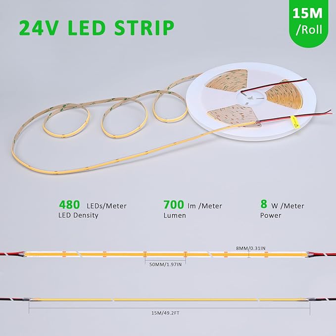 JOYLIT 49.2FT/15M COB LED Strip Lights 24V 4000K Natural White Indoor, 480LEDs/M High Density Spotless CRI 90+ Dimmable Flexible Tape Light for Bedroom, Cabinets, Retail (Power Supply Not Included)