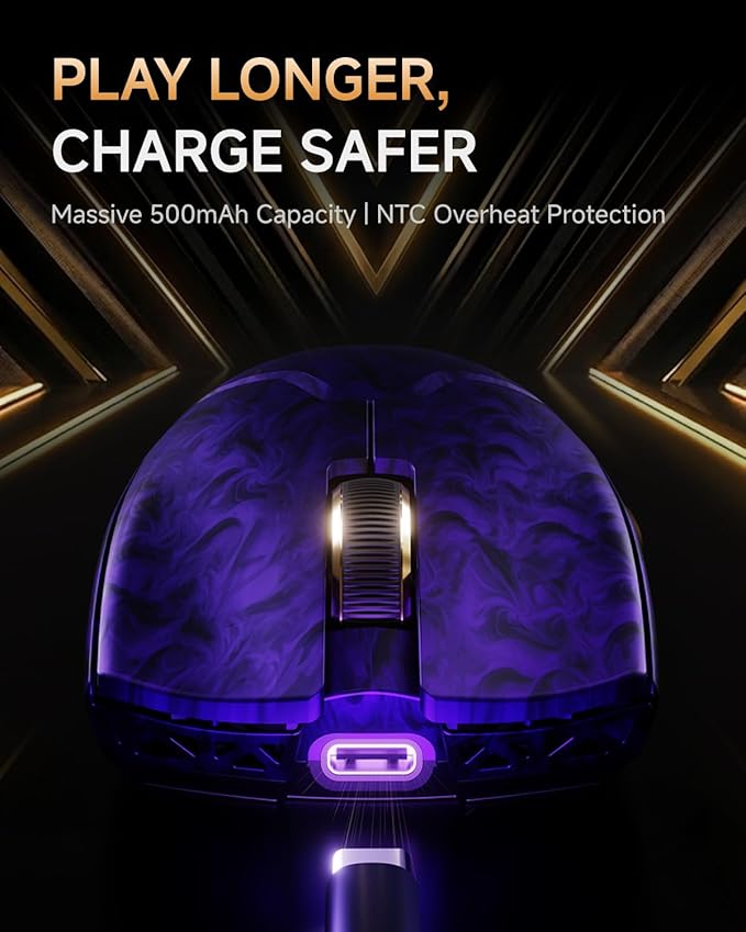 EWEADN Z7 Carbon Fiber Shell Wireless Gaming Mouse with 42000 DPI, PAW3950 Sensor, Kailh Optical Switch, Ergonomic 52g Lightweight, 8k Polling Dual-Mode (Wired/2.4GHz), Up to 300 Hr Battery, Purple
