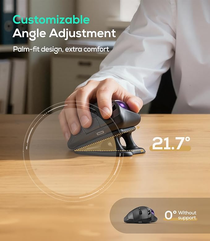 Nulea M511 Wireless Trackball Mouse, Rechargeable Ergonomic Thumb-Control Mouse with Tilt Stand, Smooth & Precision Tracking, 3 Device Connection (Bluetooth or USB Receiver), for PC/Mac/Laptop-Purple