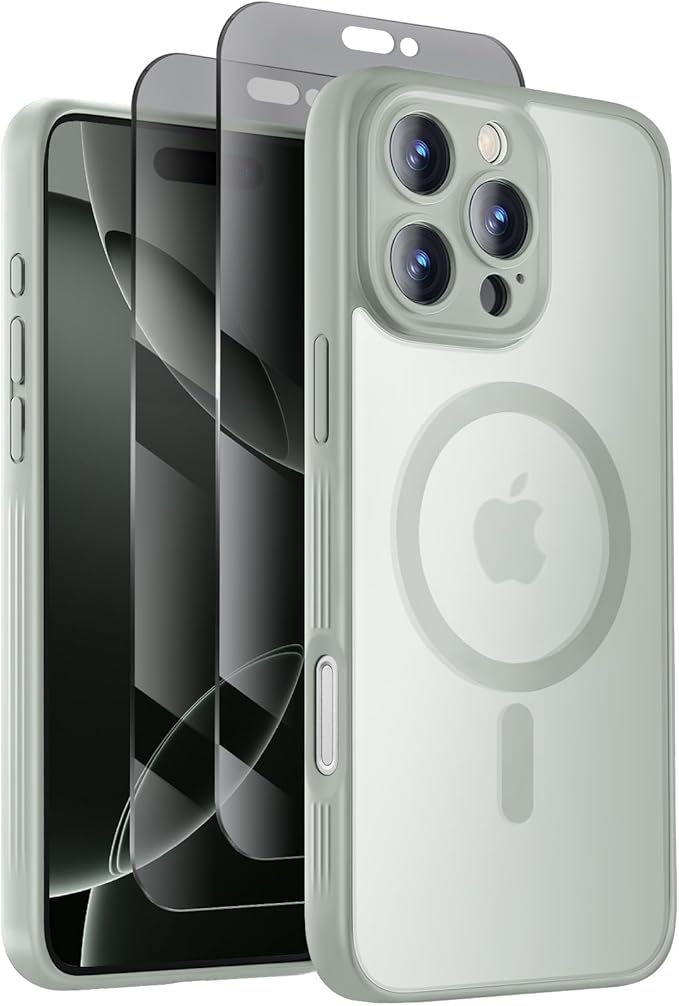 Symcele Designed for iPhone 16 Pro Max Case, Compatible with MagSafe, with Privacy Screen Protectors X2, [Camera Protection] [15FT Military Drop Protection] Shockproof Phone Case, 2024, Calke Green