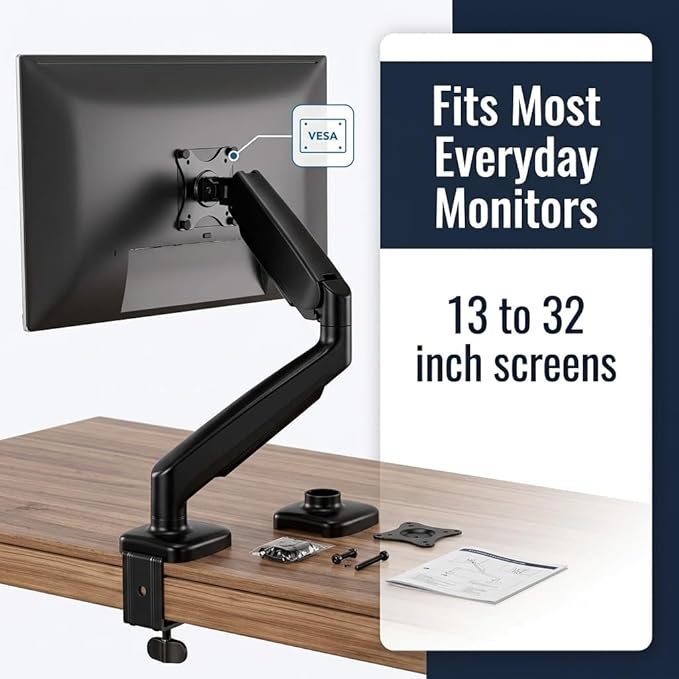 Mount-It! Single Monitor Arm Desk Mount, Gas Spring Monitor Mount, Fits 13–32" Screens up to 17.6 lbs, VESA 75x75 & 100x100, Full Motion Tilt Swivel Rotate, C-Clamp & Grommet Base