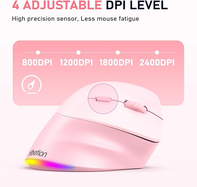 MEETION Ergonomic Mouse Wireless, Vertical Mouse RGB Backlit, Rechargeable Mice for Bluetooth(5.2 + 3.0) USB-A with Type-C Adapter, 4 Adjustable DPI, for Mac/Windows/Andriod/PC/Tablet/iPad Pink