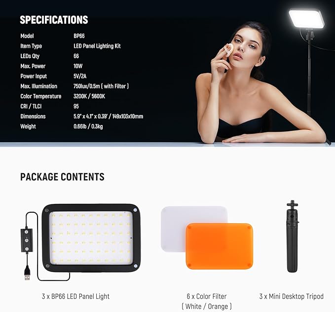 NEEWER Basics 3 Pack LED Video Panel Light, Video Conference Lighting Kit with Desktop Tripod Stands/Filters for Webcam Desk Computer Zoom Makeup Recording Selfie Streaming, Bi Color Dimmable, BP66