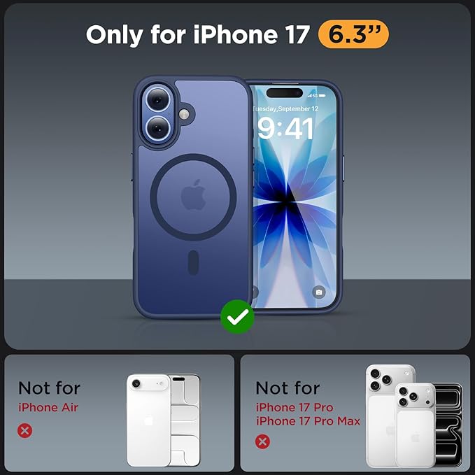 Miracase Magnetic for iPhone 17 Case (Compatible with MagSafe) with Screen Protector Military-Grade Protection, Anti-Fingerprint Translucent Matte Phone Cover for iPhone 17 6.3 inch, Dark Blue